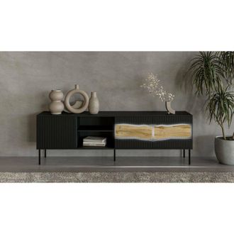 Dmora Mueble De Tv Luvinate, Aparador De Sal&oacute;n Con Tres Puertas Batientes Y Dos Compartimentos, Con Luces Led, Elevado Del Suelo, 190x40 H62 Cm, Negro Y Nud