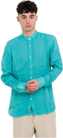 120% Lino Overhemden, Heren, Blauw, M, Linnen, Casual Shirt