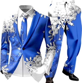 Generic Mens Suits Christmas Cute Cartoon Reindeer Snowflake Color Blovk Printed Coats and Trousers 2 Piece Sets Slim Fit Classic Xmas Holiday Jackets Novelty