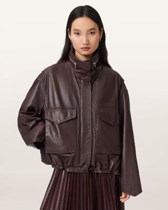 AllSaints Leather Clay Funnel Neck Leather Jacket, Size: L