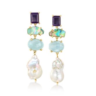 Ross-Simons 12-13mm Cultured Pearl, Aquamarine and Sapphire Drop Earrings With Black Abalone Shell in 18kt Gold Over Sterling