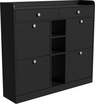 STILVORA Mueble Zapatero Con 4 Puertas Abatibles, 2 Cajones Y 3 Compartimentos Abiertos, Estilo Minimalista, En Tablero De Part&iacute;culas, Negro, 110&times;26&times;100 Cm