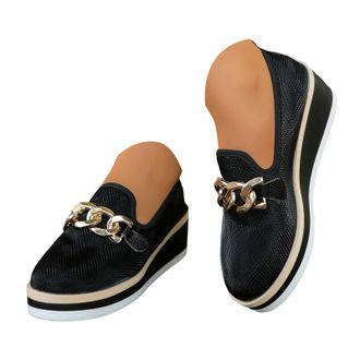 Generic Womens Suede Wedge Loafers Comfortable Slip On Platform Walking Shoes Cute Metal Chain Chunky Wedges Loafers for Women Non-Slip Round Toe Low Top Busi