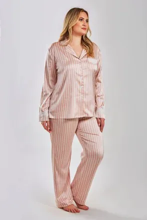 iCollection Stretch Satin Button-Down Pant Set with Lace Trim in Pink at Nordstrom, Size 1X