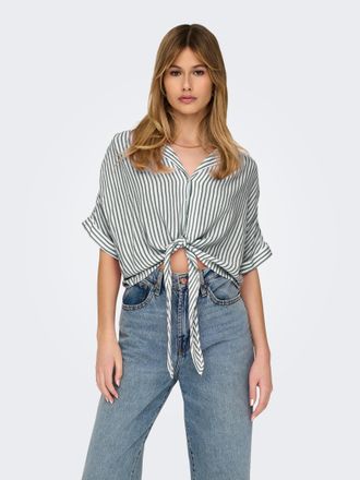 Only Kurzarmbluse ONLY ONLPAULA LIFE S/S TIE SHIRT WVN NOOS, Damen, Gr. XL, gr&uuml;n (cloud dancer stripes:balsam gr&uuml;n), Web, Obermaterial: 100% Viskose, gestr