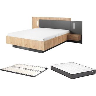 Vente-Unique Vente-unique - Letto con comodini 160 x 200 cm 2 cassetti Con led Naturale e Antracite + Rete + Materasso - francoli