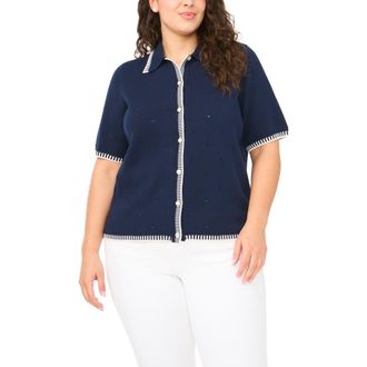 CeCe by Cynthia Steffe Pointelle Cotton Button-Up Sweater in Classic Navy at Nordstrom, Size 1 X