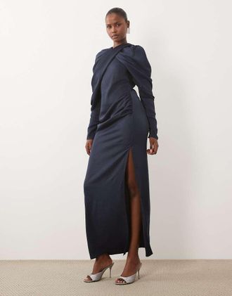 Asos vestito maxi con collo incrociato, arricciato e maniche drappeggiate in navy-blu navy