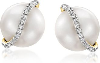 Ross-Simons 8-8.5mm Cultured Pearl Stud Earrings With Diamond Accents in 14kt Yellow Gold