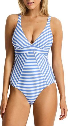 Sea Level Australia Striped Scoop Back One-Piece Swimsuit in Denim Blue at Nordstrom, Size 10