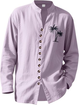 Generic Long Sleeve Formal Dress Shirt for Men Mens Coconut Color Casual Print Retro Stand Collar Long Sleeve Button Cardigan Jacket Shirt Athletic Sports Wor