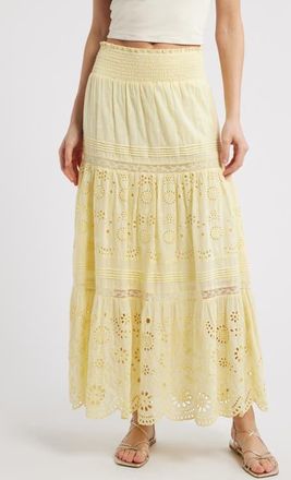 LoveShackFancy Miloti Smocked Waist Cotton Maxi Skirt in Citron at Nordstrom, Size Medium