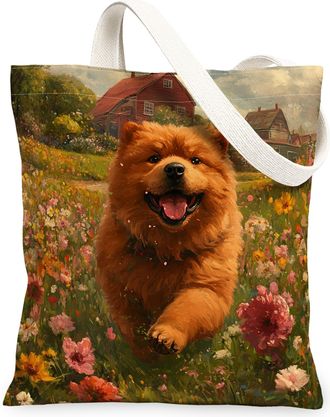 Generic Spring Chow Chow Dog Canvas Tote Bag for Shopping 13x15, Country Garden Puppy Reusable Grocery Print Pattern Bag for Women, Fun Flower Pet Beach Aesth