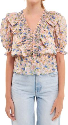 endless rose Smocked Ruffle Floral Blouse in Pink Multi at Nordstrom, Size Medium