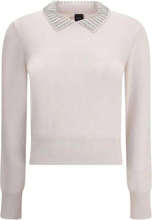 Pinko Sweater met Strass Kraag en Geribbelde Zoom - Dames - Ronde hals truien - Grijs - S - Nylon - Truien & Vesten