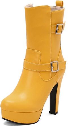 Generic Womens Round Toe Short Boots Block High Heel Ankle Boots with Buckle PU Leather Platform Boot with Side Zipper,Yellow,10.5 UK