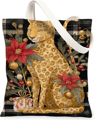 Generic Christmas Leopard Canvas Tote Bags, Floral Animal Design Reusable Grocery Bags, Vintage Lightweight Washable Shoulder Strap Canvas for Travel Beach Sh