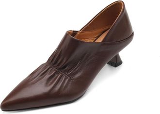 TinaCus Genuine Leather Womens Pointed Toe Kitten Heels Handmade Slip On Pumps Shoes, Brown, 5.5 UK