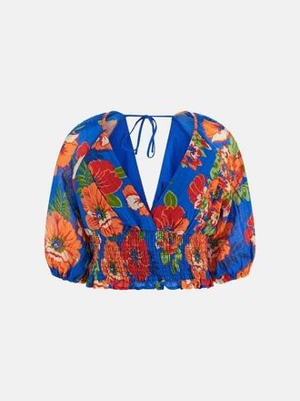 Guess Ariana Top Womens Blue Floral Lace Smocked Waistband Cropped FTS1362