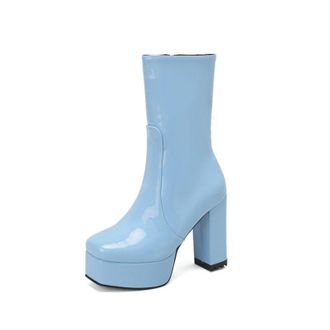 Generic Womens Patent Leather Chunky Heel Ankle Boots Square Toe Platform Booties Fashion Style for Party,Blue,5.5 UK