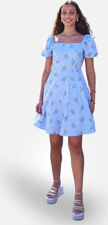 Yumi Cotton Floral Puff Sleeve Skater Dress in Blue at Nordstrom, Size 10