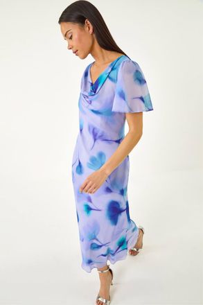 Roman Womens Petite Floral Cowl Neck Midi Dress - Blue - Size 14 UK