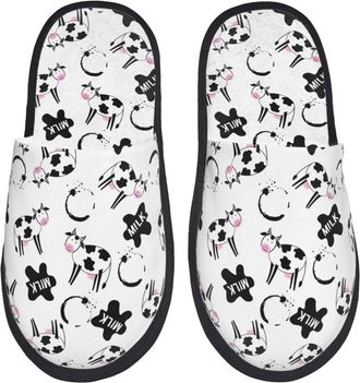 Generic Mens Slipper Cute Cow And Milk Stains Print Soft Womens Slippers Plush Non-Slip Winter Slippers Winter Hotels L