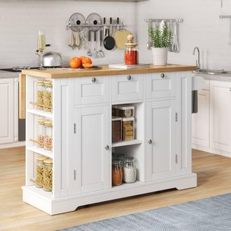 Matteo 132cm Dropleaf Farmhouse Kitchen Island Trolley with Charging Station in White