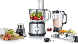 Severin Robot De 1200 W - Bol De 1,5 L - 3 Disques 2 En 1 - Blender En Verre De 1,5 L - Molino De Especias De 140 Ml - 2 Velocidades + Pulso - Negro Inox
