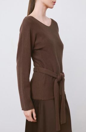 Mango Long Sleeve Belt Sweater in Chocolate at Nordstrom, Size X-Small