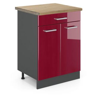 Vicco Mueble bajo de cocina R-Line, Rojo Burdeos alto brillo, 60 cm, ET Roble, Vicco