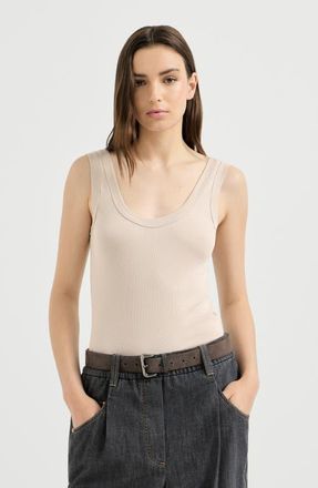 Brunello Cucinelli Stretch cotton ribbed jersey top with monili in Cool Beige at Nordstrom, Size Xxx-Large