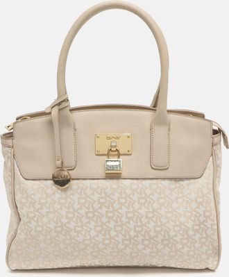 DKNY Dkny Heritage Lock Light Beige Signature Canvas And Leather Tote