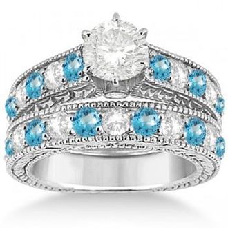 Allurez Antique Diamond & Blue Topaz Bridal Wedding Ring Set 18k White Gold (2.75ct)