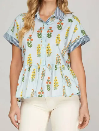 She + Sky Drop Shoulder Button Down Printed Top In Light Blue