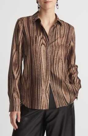 Lafayette 148 New York Scottie Wood Grooves Print Silk Twill Shirt in Wood Multi at Nordstrom Rack, Size Xx-Large
