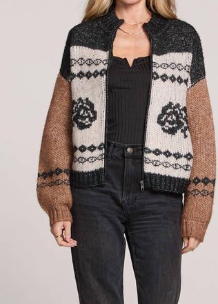 Saltwater Luxe Zip Up Rose Printed Cardigan In Black/ Brown