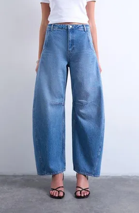 Topshop High Waist Barrel Jeans in Medium Blue at Nordstrom, Size 28