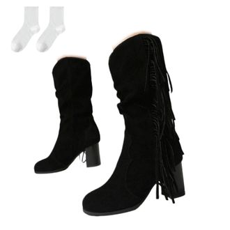 Generic Womens Mid-Calf Boots with Block Heel, Fashionable Riding Boots in Suede Look with Pleated Design And Fringe, Comfortable Slip-On Boots in Plus Sizes 