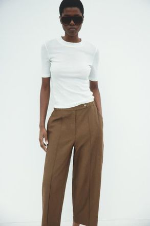 H&M Linen-blend Barrel Trousers in Brown at Nordstrom, Size 18