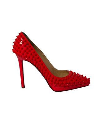 Christian Louboutin Pre-owned Womens Pigalle Plato 120 Spiked Heels in Neon Red Patent Leather - Size UK 3.5