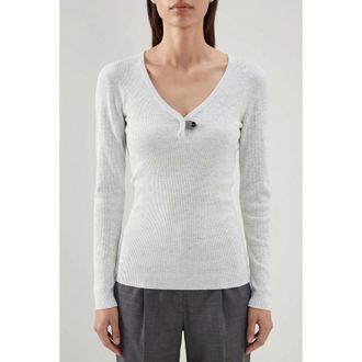 Brunello Cucinelli Light Grey Ribbed Knit Top, Size X-Large