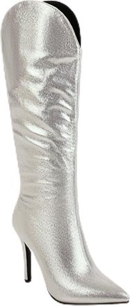 Generic Silver,3.5 UK,Womens Pull on Knee high Boots Leather PU Long Boot Pointed Toe Comfy Stiletto High Heels Fall Winter Dress Shoes