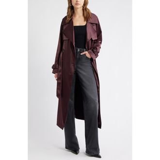 Open Edit Belted Satin Trench Jacket in Burgundy Fudge at Nordstrom Rack, Size Large