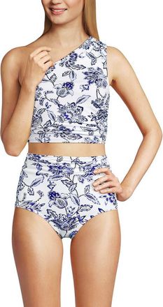 Lands End Ruched One Shoulder Midkini Swimsuit Top in White/blue Vintage Floral at Nordstrom, Size 12