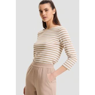 Majestic Filatures Stretch Linen Stripe Three Quarter Sleeve Boatneck T-Shirt in Sable at Nordstrom, Size 3