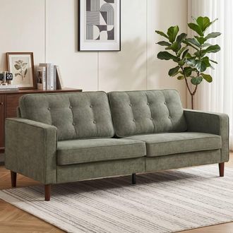HOMCOM 3 Seater Sofa with Button Tufting Wood Legs, Green