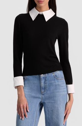 Alice & Olivia Porla Collared Wool Blend Mixed Media Sweater in Black at Nordstrom, Size Medium