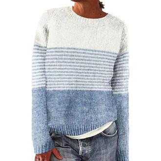 Generic Oversized Sweaters for Women Fair Isle Sweater Women Fall Crew Neck Knit Pullover Sweater Oversized Casual Winter Long Sleeve Vintage Striped Color Bl