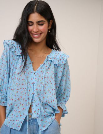 Nobody's Child Blue Floral Frill Blouse